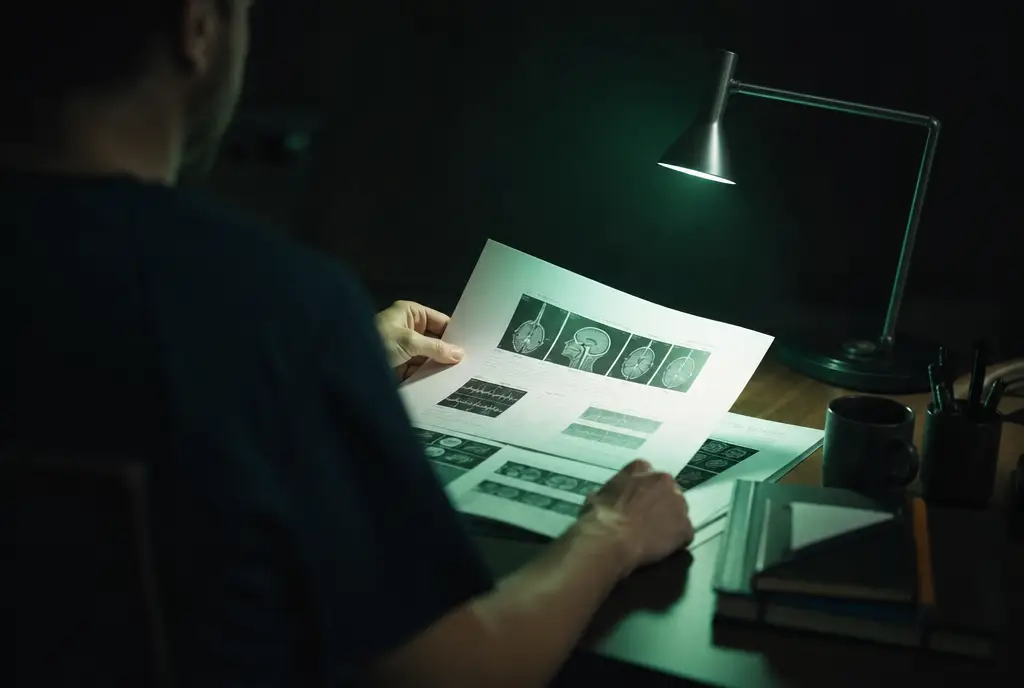 Clinician reviewing printed medical charts under a desk lamp